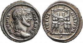 Galerius, as Caesar, 293-305. Argenteus (Silver, 19 mm, 3.55 g, 12 h), Rome, circa 295-297. MAXIMIA-NVS CAES Laureate head of Galerius to right. Rev. ...