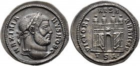 Galerius, as Caesar, 293-305. Argenteus (Silver, 20 mm, 3.40 g, 6 h), Thessalonica, circa 302. MAXIMIA-NVS NOB C Laureate head of Galerius to right. R...