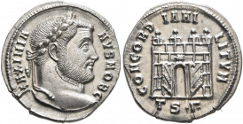 Galerius, as Caesar, 293-305. Argenteus (Silver, 19 mm, 3.47 g, 11 h), Thessalonica, circa 302. MAXIMIA-NVS NOB C Laureate head of Galerius to right. ...