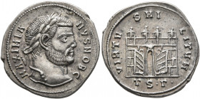Galerius, as Caesar, 293-305. Argenteus (Silver, 20 mm, 3.15 g, 6 h), Thessalonica, circa 302. MAXIMIA-NVS NOB C Laureate head of Galerius to right. R...