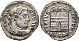 Galerius, 305-311. Argenteus (Silver, 19 mm, 3.19 g, 12 h), Serdica, 305-306. MAXIMIA-NVS AVG Laureate head of Galerius to right. Rev. VIRTVS MILITVM ...