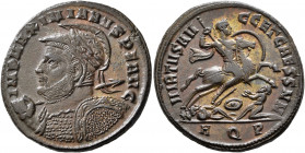 Galerius, 305-311. Follis (Bronze, 28 mm, 9.59 g, 12 h), Aquileia, 305-306. IMP MAXIMIANVS P F AVG Laureate, helmeted, and cuirassed bust of Galerius ...