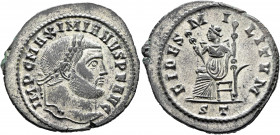Galerius, 305-311. Follis (Silvered bronze, 29 mm, 9.51 g, 5 h), Ticinum, circa 306. IMP C MAXIMIANVS P F AVG Laureate head of Galerius to right. Rev....
