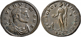 Severus II, as Caesar, 305-306. Follis (Bronze, 29 mm, 11.20 g, 12 h), Lugdunum. SEVERVS NOB C Laureate, draped and cuirassed bust of Severus II to ri...