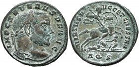 Severus II, 306-307. Follis (Bronze, 28 mm, 10.41 g, 4 h), Aquileia. IMP C SEVERVS P F AVG Laureate head of Severus II to right. Rev. VIRTVS A-VGG ET ...