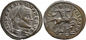 Severus II, 306-307. Follis (Bronze, 27 mm, 8.49 g, 6 h), Ticinum. IMP SEVERVS P F AVG Laureate head of Severus II to right. Rev. VIRTVS AV-GG ET CAES...