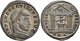 Maxentius, 307-312. Follis (Silvered bronze, 25 mm, 6.90 g, 7 h), Rome, 308/9-310. IMP C MAXENTIVS P F AVG Laureate head of Maxentius to right. Rev. C...