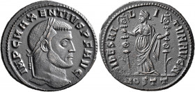 Maxentius, 307-312. Follis (Bronze, 26 mm, 6.40 g, 11 h), Ostia, early 310. IMP C MAXENTIVS P F AVG Laureate head of Maxentius to right. Rev. FIDES MI...