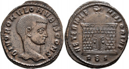 Divus Romulus, died 309. Follis (Bronze, 25 mm, 6.66 g, 12 h), Rome, 310-311. DIVO ROMVLO N V BIS CONS Bare head of Divus Romulus to right. Rev. AETER...