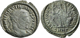 Martinian, usurper, 324. Follis (Bronze, 21 mm, 2.82 g, 6 h), Nicomedia. D N M MARTINIANVS P F AVG Radiate, draped and cuirassed bust of Martinian to ...