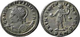 Constantine I, 307/310-337. Follis (Bronze, 22 mm, 4.14 g, 6 h), Londinium, circa 311-312. CONSTANTINVS P AVG Radiate, helmeted, and cuirassed bust of...