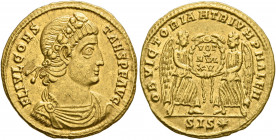 Constans, 337-350. Solidus (Gold, 20 mm, 4.52 g, 1 h), Siscia, 342/3. FL IVL CONS-TANS P F AVG Laurel-and-rosette-diademed, draped and cuirassed bust ...