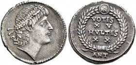 Constantius II, 337-361. Siliqua (Silver, 20 mm, 3.25 g, 11 h), Antiochia, 337-347. Pearl-diademed head of Constantius II to right, with eyes raised t...