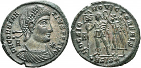 Constantius II, 337-361. Maiorina (Silvered bronze, 24 mm, 5.00 g, 6 h), Siscia, 350. D N CONSTAN-TIVS P F AVG Pearl-diademed, draped and cuirassed bu...
