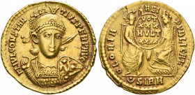 Constantius II, 337-361. Solidus (Gold, 21 mm, 4.52 g, 1 h), Sirmium, 355-360. FL IVL CONSTAN-TIVS PERP AVG Helmeted, pearl-diademed and cuirassed bus...