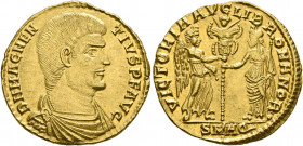 Magnentius, 350-353. Solidus (Gold, 21 mm, 4.39 g, 12 h), Aquileia, 351-352. D N MAGNEN-TIVS AVG Bare-headed, draped and cuirassed bust of Magnentius ...