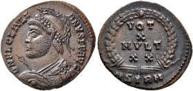Julian II, 360-363. Follis (Bronze, 20 mm, 2.76 g, 6 h), Sirmium, 361-363. D N FL CL IVLI-ANVS P F AVG Pearl-diademed, helmeted and cuirassed bust of ...