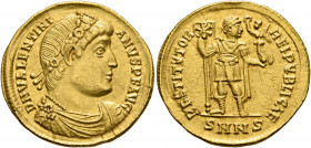 Valentinian I, 364-375. Solidus (Gold, 22 mm, 4.45 g, 6 h), Nicomedia, 364. D N VALENTINI-ANVS P F AVG Rosette-diademed, draped and cuirassed bust of ...