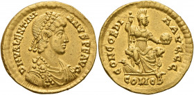 Valentinian II, 375-392. Solidus (Gold, 21 mm, 4.35 g, 5 h), Thessalonica, 391-393. D N VALENTINI-ANVS P F AVG Pearl-diademed, draped and cuirassed bu...