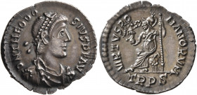 Theodosius I, 379-395. Siliqua (Silver, 19 mm, 1.64 g, 7 h), Treveri, 388-392. D N THEODO-SIVS P F AVG Pearl-diademed, draped and cuirassed bust of Th...