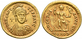 Arcadius, 383-408. Solidus (Gold, 20 mm, 4.39 g, 5 h), Constantinopolis, 395-402. D N ARCADI-VS P F AVG Helmeted, pearl-diademed and cuirassed bust of...
