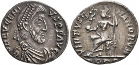 Eugenius, 392-394. Siliqua (Silver, 16 mm, 1.86 g, 12 h), Treveri. D N EVGENI-VS P F AVG Pearl-diademed, draped and cuirassed bust of Eugenius to righ...