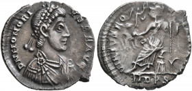 Honorius, 393-423. Siliqua (Silver, 17 mm, 1.28 g, 6 h), Mediolanum, 395-402. D N HONORI-VS P F AVG Pearl-diademed, draped and cuirassed bust of Honor...