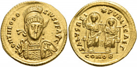 Theodosius II, 402-450. Solidus (Gold, 21 mm, 4.50 g, 7 h), Constantinopolis, 425-430. D N THEODO-SIVS P F AVG Helmeted, pearl-diademed and cuirassed ...
