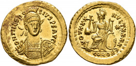Theodosius II. Solidus (Gold, 21 mm, 4.50 g, 7 h), Constantinopolis, 430-440. D N THEODO-SIVS P F AVG Helmeted, pearl-diademed and cuirassed bust of T...