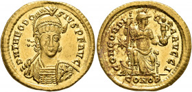 Theodosius II, 402-450. Solidus (Gold, 21 mm, 4.47 g, 6 h), Constantinopolis, 408-420. D N THEODO-SIVS P F AVG Helmeted, pearl-diademed and cuirassed ...