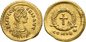 Aelia Pulcheria, Augusta, 414-453. Tremissis (Gold, 19 mm, 1.50 g, 12 h), Constantinopolis, circa 420-450/3. AEL PVLCH-ERIA AVG Diademed and draped bu...