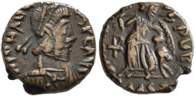 Johannes, usurper, 423-425. Nummus (Bronze, 11 mm, 1.44 g, 12 h), Rome. [D] N IOHANNES P F AVG Pearl-diademed, draped and cuirassed bust of Johannes t...