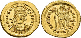 Marcian, 450-457. Solidus (Gold, 21 mm, 4.47 g, 6 h), Constantinopolis. D N MARCIA-NVS P F AVG Helmeted, pearl-diademed and cuirassed bust of Marcian ...