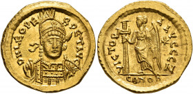 Leo I, 457-474. Solidus (Gold, 21 mm, 4.47 g, 1 h), Constantinopolis, circa 457-468. D N LEO PE-RPET AVG Helmeted, pearl-diademed and cuirassed bust o...