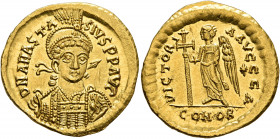Anastasius I, 491-518. Solidus (Gold, 21 mm, 4.50 g, 7 h), Constantinopolis, 491-498. D N ANASTA-SIVS P P AVG Pearl-diademed, helmeted and cuirassed b...