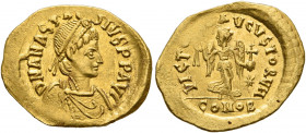 Anastasius I, 491-518. Tremissis (Gold, 16 mm, 1.43 g, 6 h), Constantinopolis. D N ANASTA-SIVS P P AVG Pearl-diademed, draped and cuirassed bust of An...