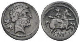 Hispania, Bolskan Denariu circa 80-72, AR 18.00 mm., 4.01 g.
Bare male head r. Rev. Warrior on horse rearing r., holding spear. ACIP 1423.

Lightly...