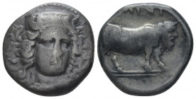 Campania , Hyrium Didrachm circa 405-385, AR 19.00 mm., 7.19 g.
Head of Hera Lakinia three-quarters facing r. Rev. Man-faced bull r. Sambon 794. SNG ...
