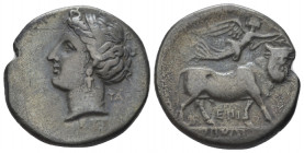 Campania , Neapolis Didrachm circa 275-250, AR 21.00 mm., 6.79 g.
 Head of nymph l., hair in band; TAP behind neck, EYΞ below. Rev. Man-headed bull s...