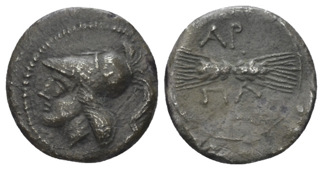 Apulia, Arpi Diobol circa 215-212, AR 13.00 mm., 1.16 g.
Head of Athena l., wea...