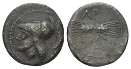 Apulia, Arpi Diobol circa 215-212, AR 13.00 mm., 1.16 g.
Head of Athena l., wearing crested Corinthian helmet. Rev. Two conjoined grain ears. Histori...