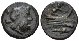 Apulia, Barium Sextans circa 180-160, Æ 18.00 mm., 4.88 g.
Laureate head of Zeus r.; two stars behind. Rev. Eros over prow r.; below, dolphin r. Hist...