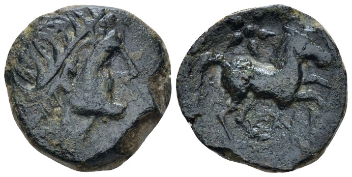 Apulia, Salapia Bronze circa 225-210, Æ 20.00 mm., 7.75 g.
Laureate head of Apo...