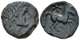 Apulia, Salapia Bronze circa 225-210, Æ 20.00 mm., 7.75 g.
Laureate head of Apollo r. Rev. Horse prancing r.; star above. Historia Numorum Italy 692c...