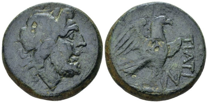 Apulia, Teate Nummus circa 225-200, Æ 31.00 mm., 24.69 g.
 Wreathed head of Zeu...