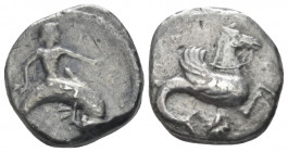 Calabria, Tarentum Nomos circa 500-490, AR 16.50 mm., 7.48 g.
Dolphin rider r., holding octopus. Rev. Hippocamp r.; below, shell. SNG Lloyd 113. Hist...