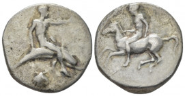 Calabria, Tarentum Nomos circa 430-425, AR 22.00 mm., 7.66 g.
Dolphin rider r., l. arm extended; cockle shell below. Rev. Nude youth on horse riding ...