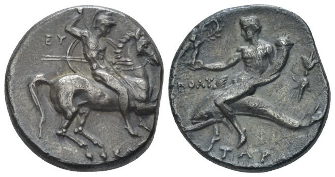 Calabria, Tarentum Nomos circa 280-272, AR 20.00 mm., 6.40 g.
Warrior on horseb...