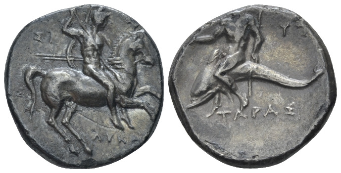 Calabria, Tarentum Nomos circa 280-272, AR 21.00 mm., 6.46 g.
Warrior on horseb...