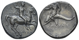 Calabria, Tarentum Nomos circa 280-272, AR 21.00 mm., 6.46 g.
Warrior on horseback r., holding shield and two spears, preparing to cast a third; behi...